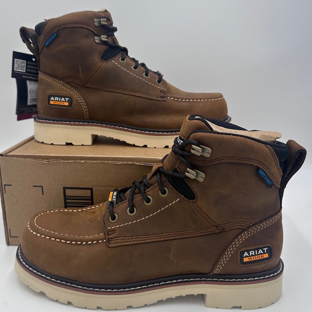 Ariat Work Boots Mens 8.5 EE Wide Distressed Brown Rebar Lift H2O Waterproof NEW